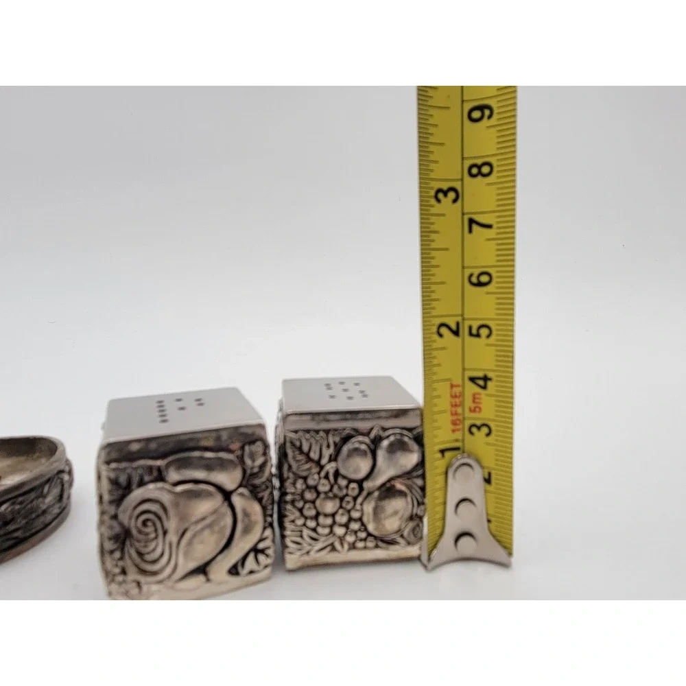 Vintage silver plated salt and pepper‎ shakers cube with tray holder embossed